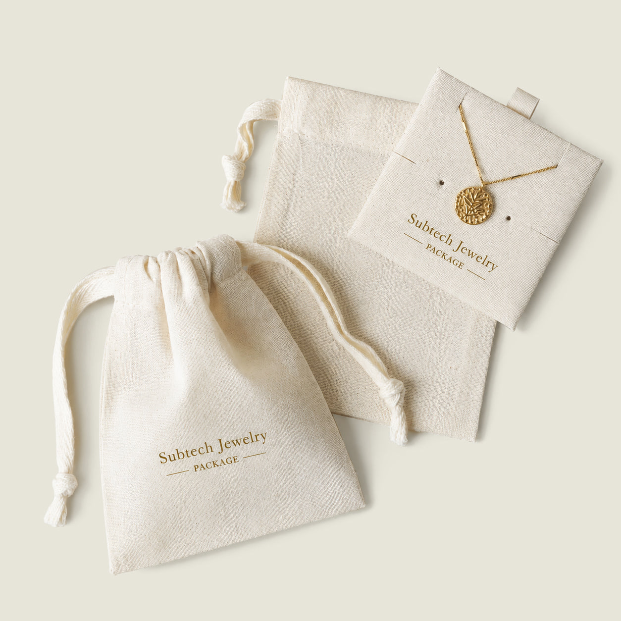 Minimalist Cotton Jewelry Storage Pouch with Printed Logo – Drawstring Bag for Earrings and Rings