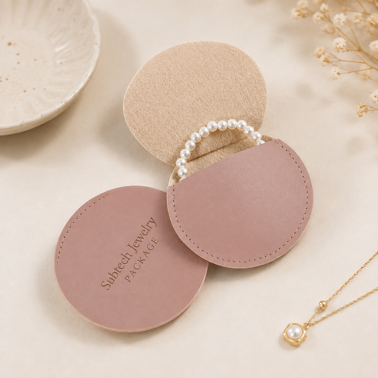 100pcs Personalized Round Jewelry Pouch, Luxury PU Leather Compartments for Necklaces, Rings