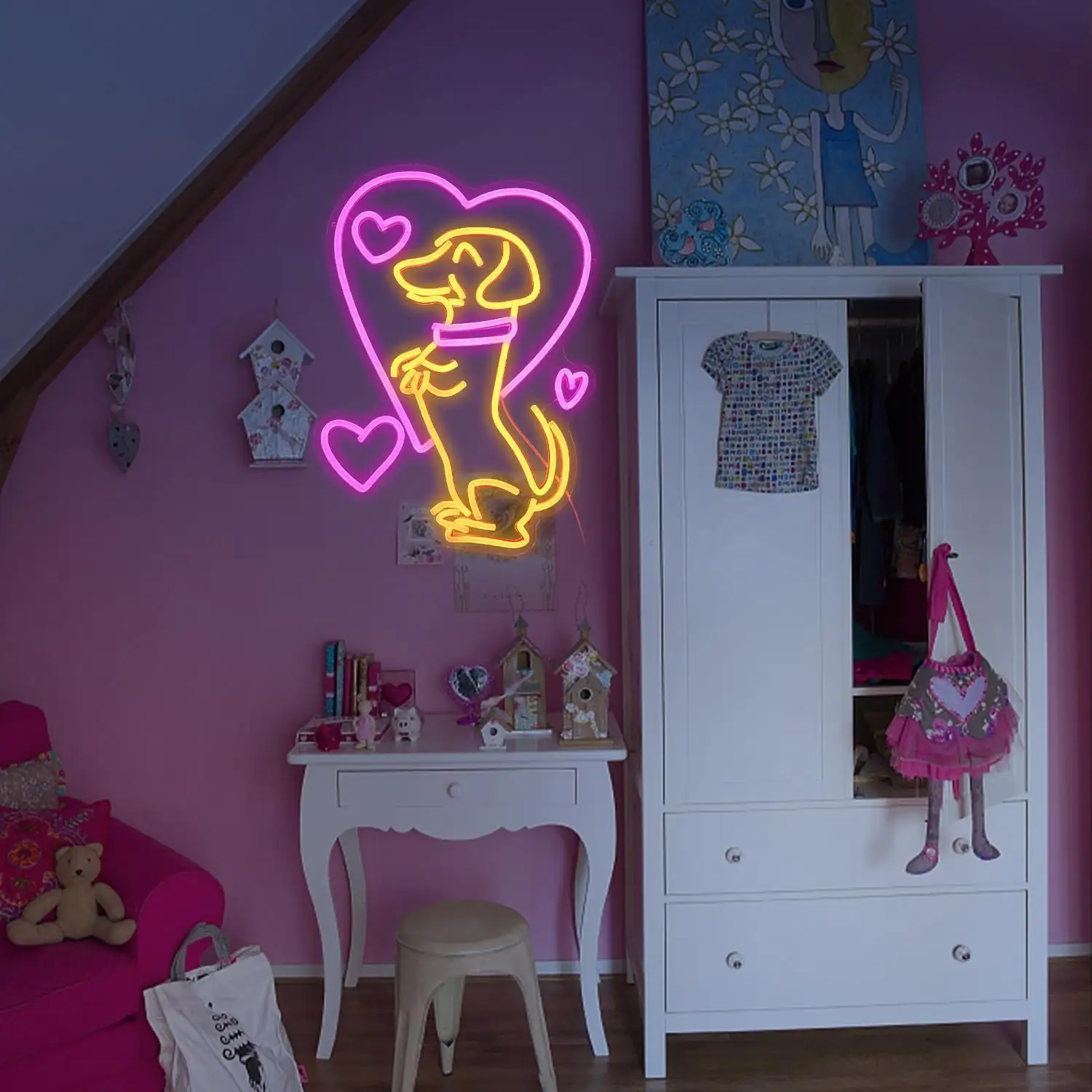 Cute Caring Dog LED Neon Wall Decor for Kids and Teens Bedroom