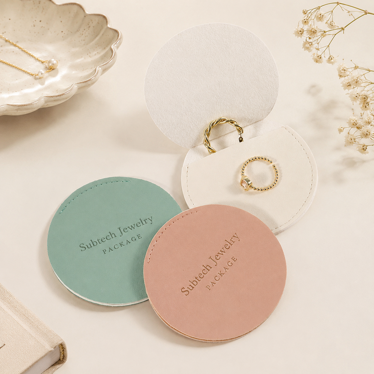 100pcs Personalized Round Jewelry Pouch, Luxury PU Leather Compartments for Necklaces, Rings