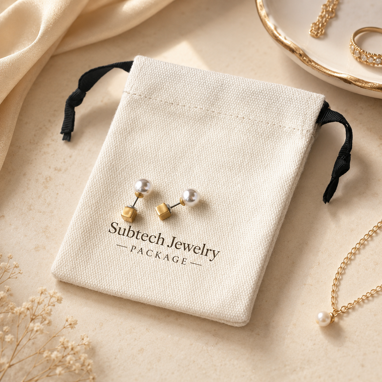 Minimalist Cotton Jewelry Storage Pouch with Printed Logo – Drawstring Bag for Earrings and Rings
