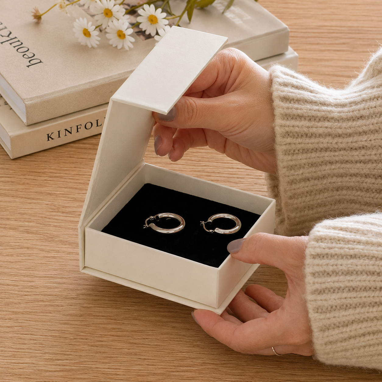 100pcs Custom Magnetic Jewellry Storage Box, 9*9*3.5cm Flip Box with Sponge, Logo Hot Stamping