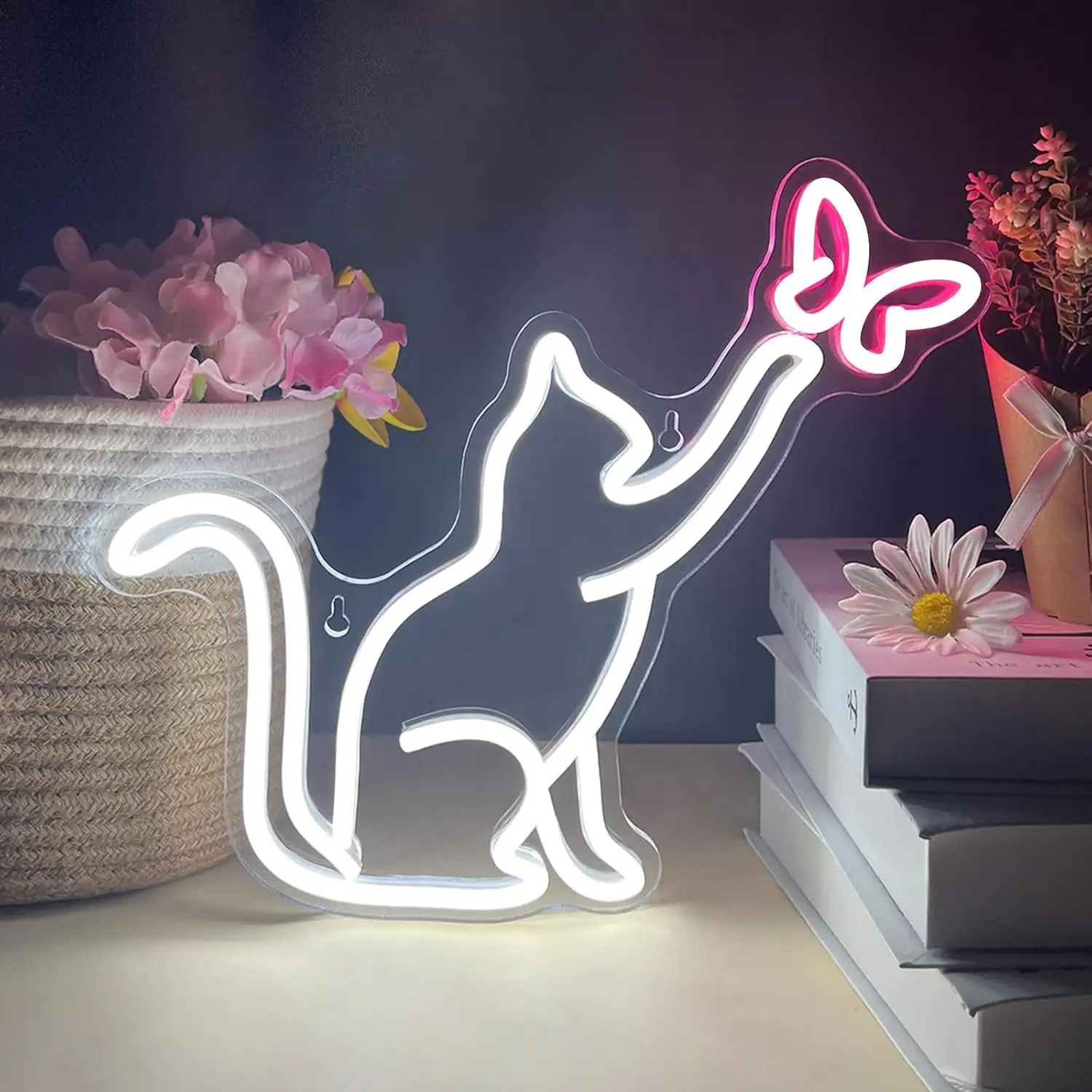 Cat Plays With Butterfly Neon Signs | Gift for Her | Kids' Room Decor
