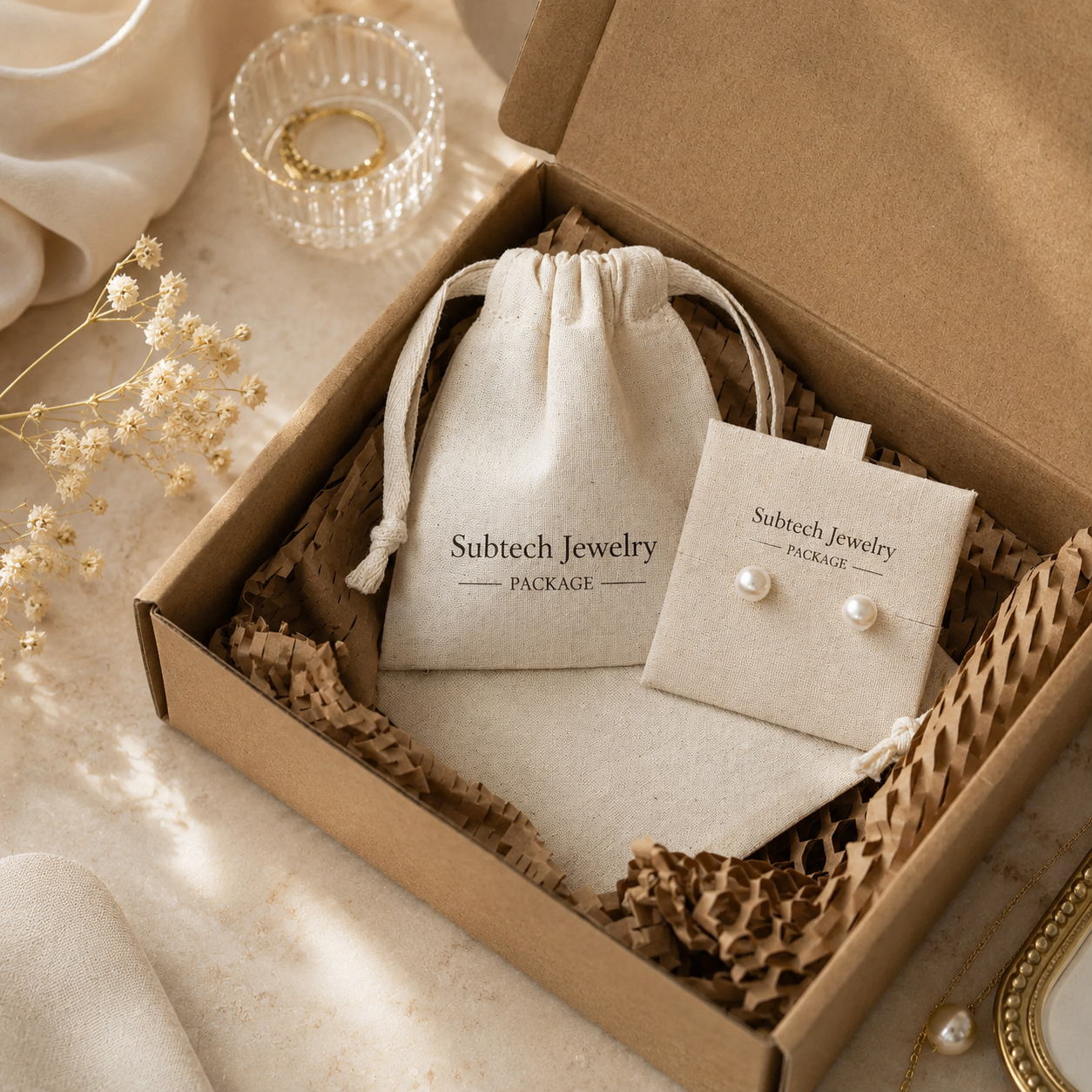 Minimalist Cotton Jewelry Storage Pouch with Printed Logo – Drawstring Bag for Earrings and Rings