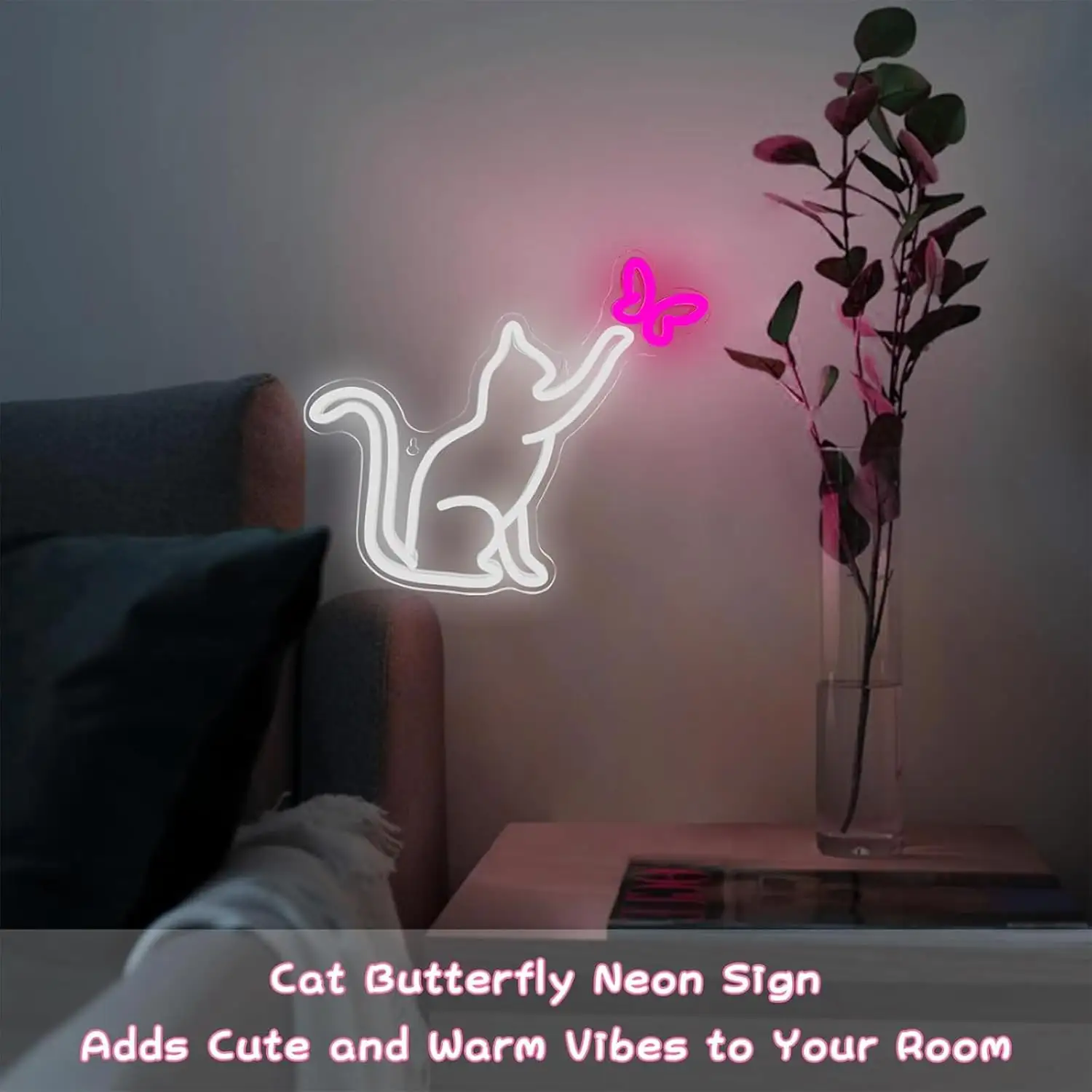 Cat Plays With Butterfly Neon Signs | Gift for Her | Kids' Room Decor