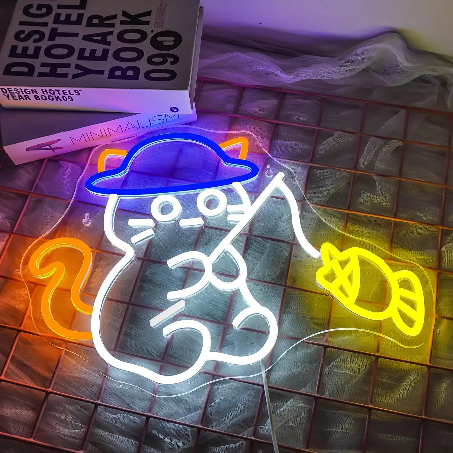 Cat Fishing LED Neon Funny Animal Signs for Kids