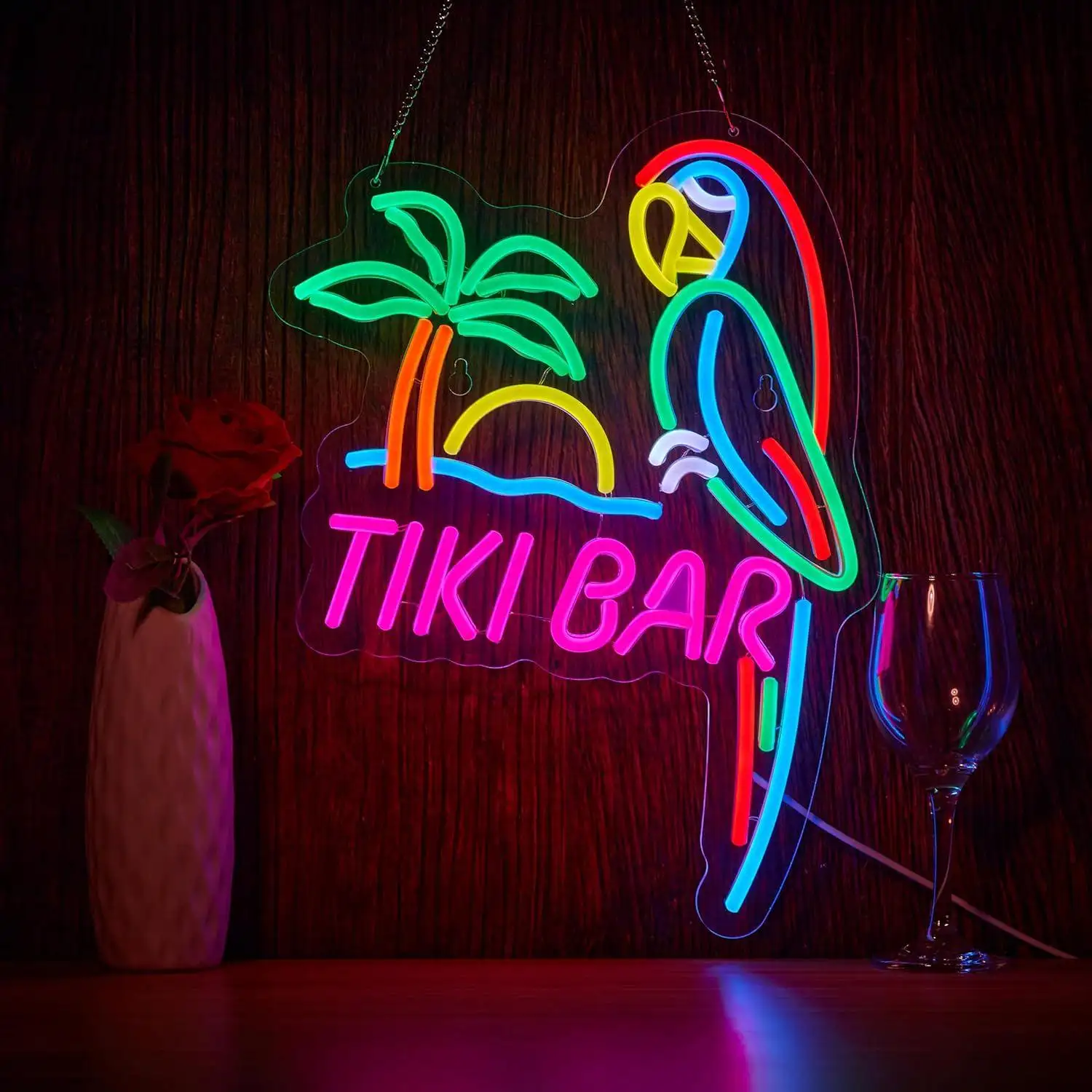 Parrot Tiki Bar LED Neon | Wall Décor for Hawaii Pool Bar Party