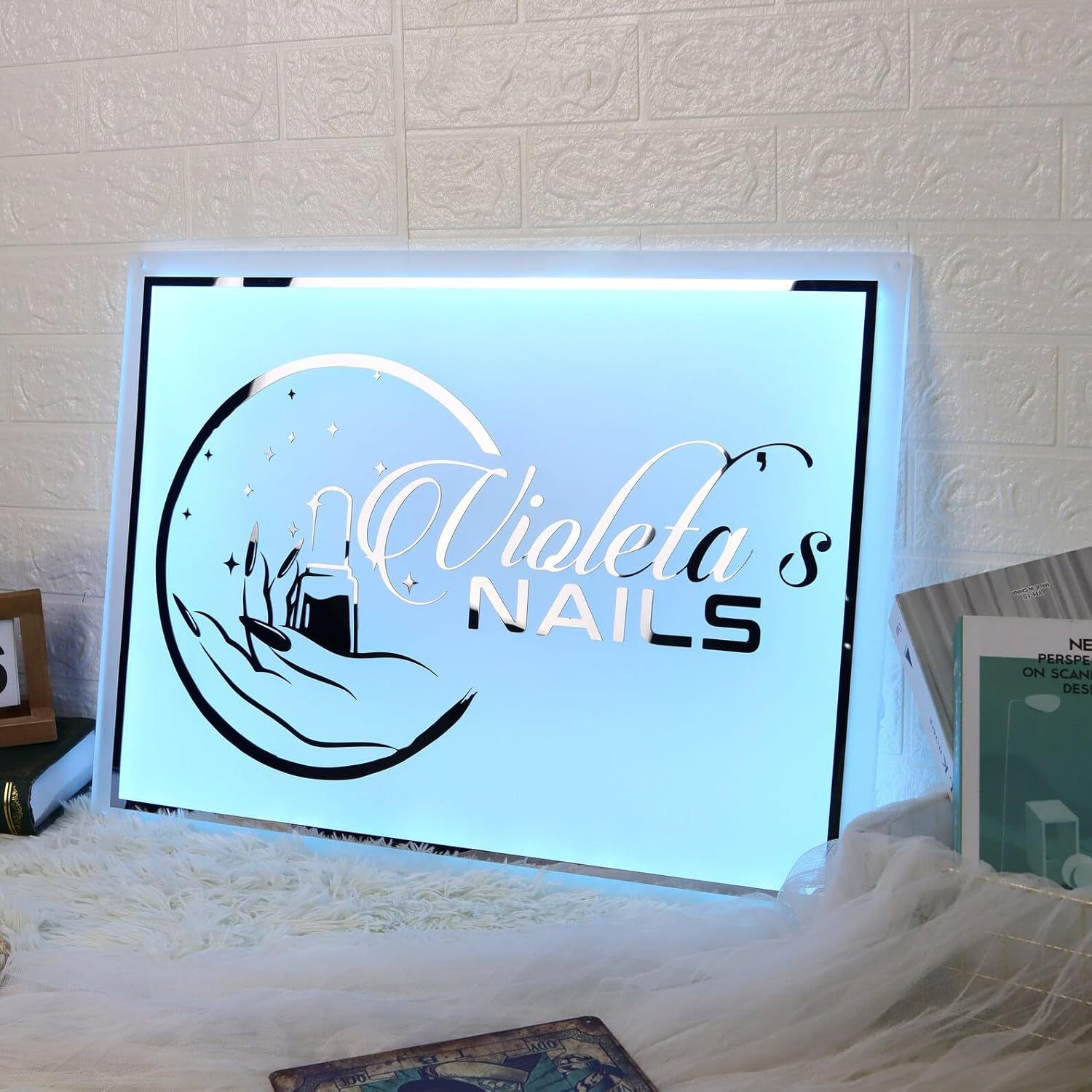 Custom Rectangle Business Signs | Metal Backlit Acrylic Logo Sign | Personalized Illuminated Logo Sign for Beauty Salon, Wedding, Resturant