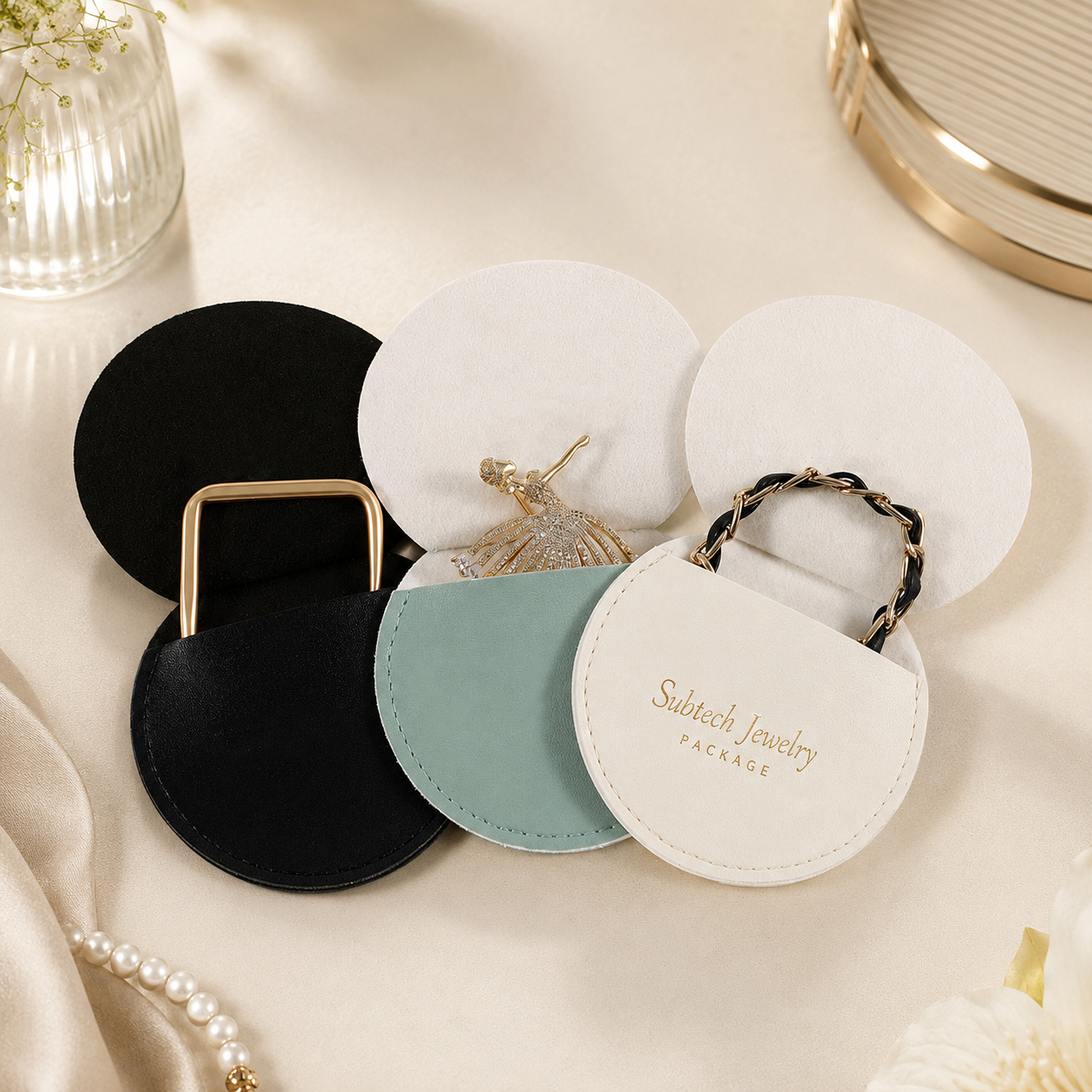 100pcs Personalized Round Jewelry Pouch, Luxury PU Leather Compartments for Necklaces, Rings