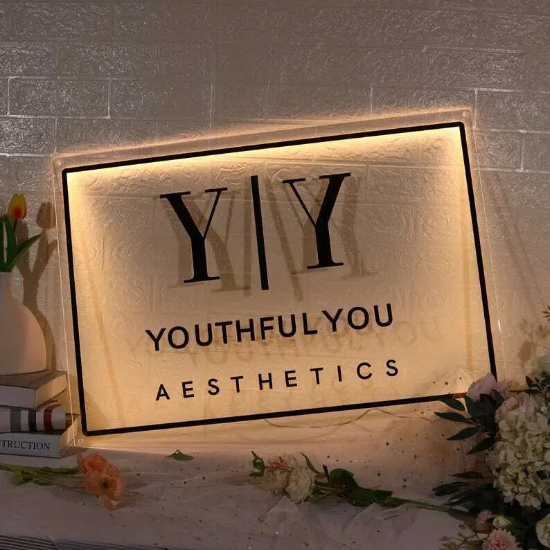 Custom Rectangle Business Signs | Metal Backlit Acrylic Logo Sign | Personalized Illuminated Logo Sign for Beauty Salon, Wedding, Resturant