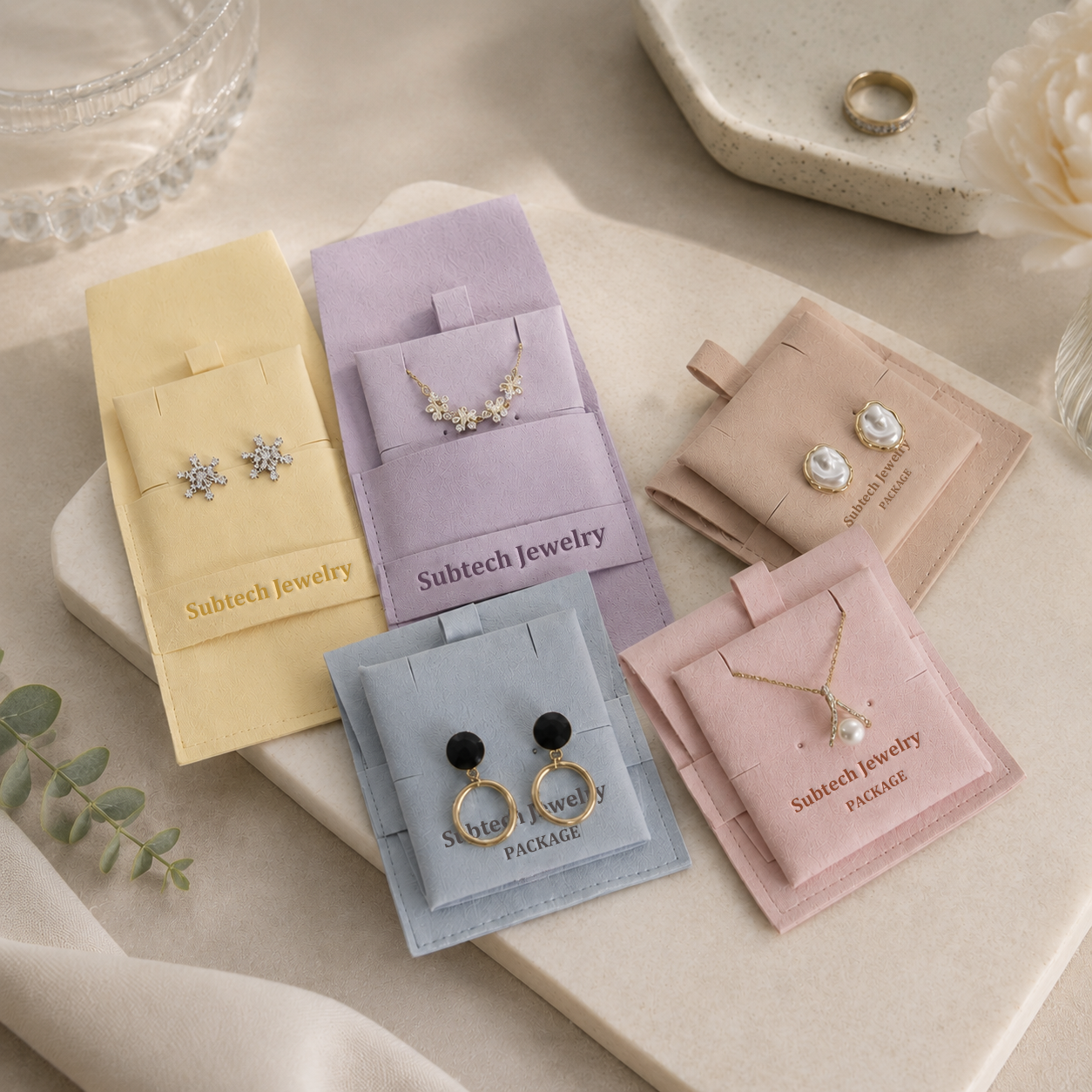 Custom 8x8cm Microfiber Jewelry Pouch with Insert Pad, Necklace Earring Bag