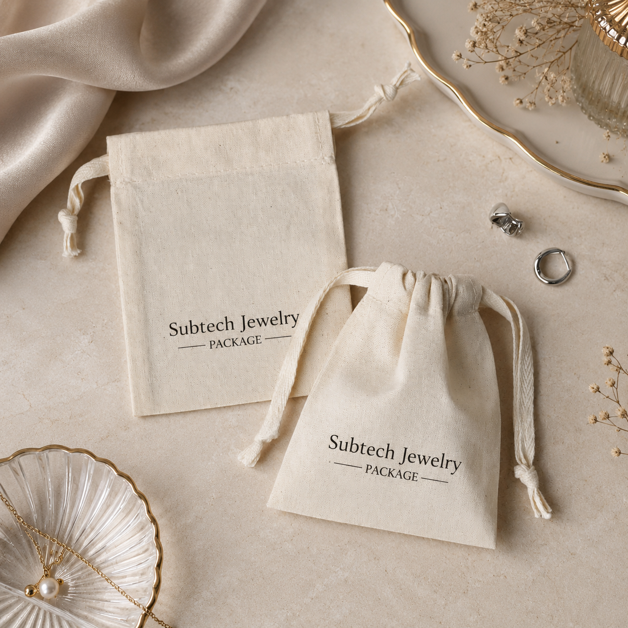 Minimalist Cotton Jewelry Storage Pouch with Printed Logo – Drawstring Bag for Earrings and Rings