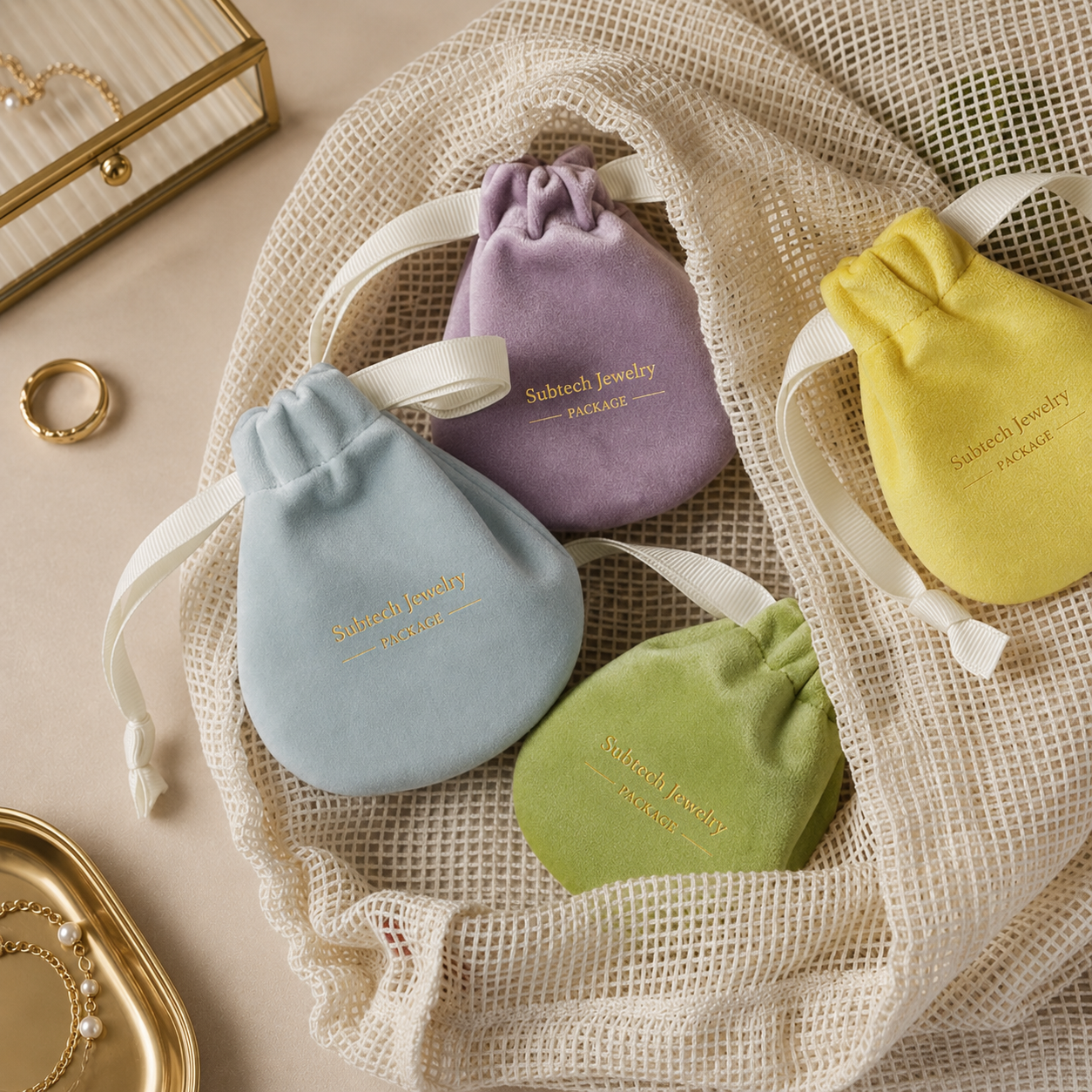 Luxury 12*9cm Velvet Drawstring Jewelry Pouch, Necklace Earrings Storage Small Items Organizer