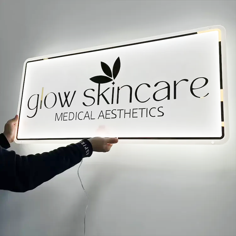 Custom Rectangle Business Signs | Metal Backlit Acrylic Logo Sign | Personalized Illuminated Logo Sign for Beauty Salon, Wedding, Resturant