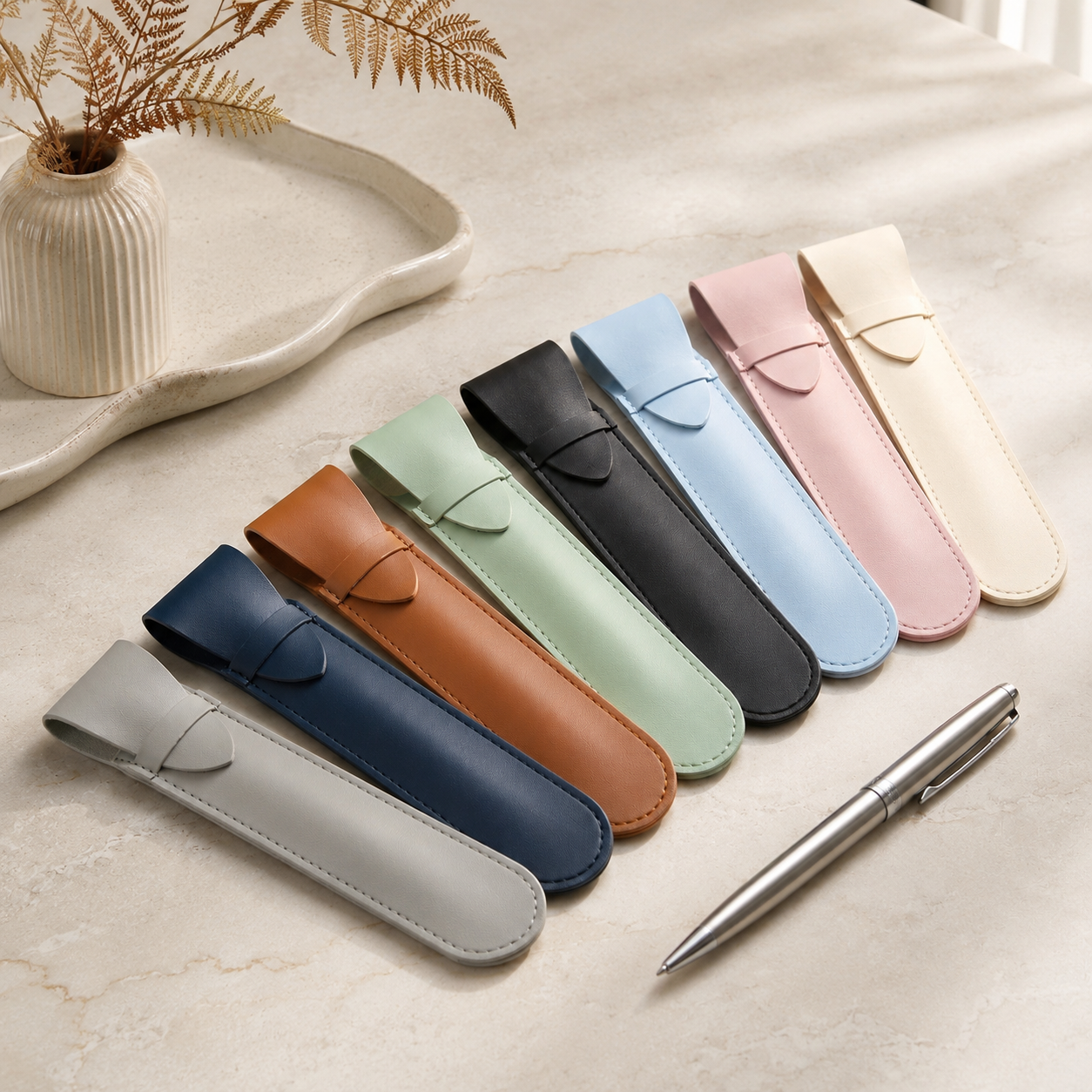 Custom PU Leather Pen Holder with Embossed Logo, Makeup Brush Cover