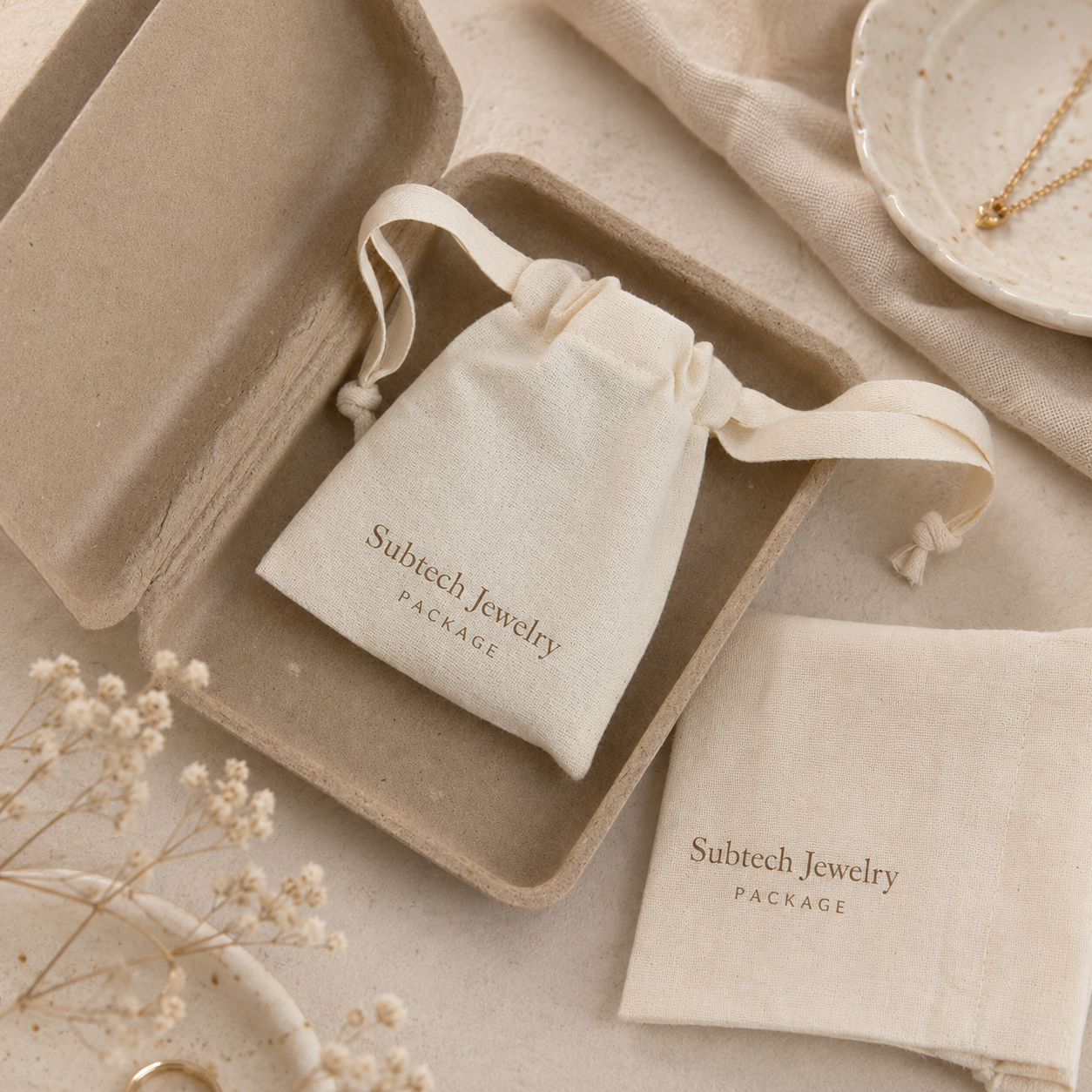 Minimalist Cotton Jewelry Storage Pouch with Printed Logo – Drawstring Bag for Earrings and Rings