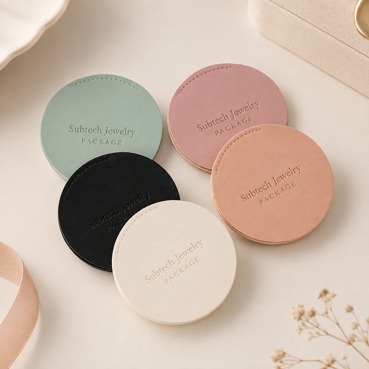 100pcs Personalized Round Jewelry Pouch, Luxury PU Leather Compartments for Necklaces, Rings