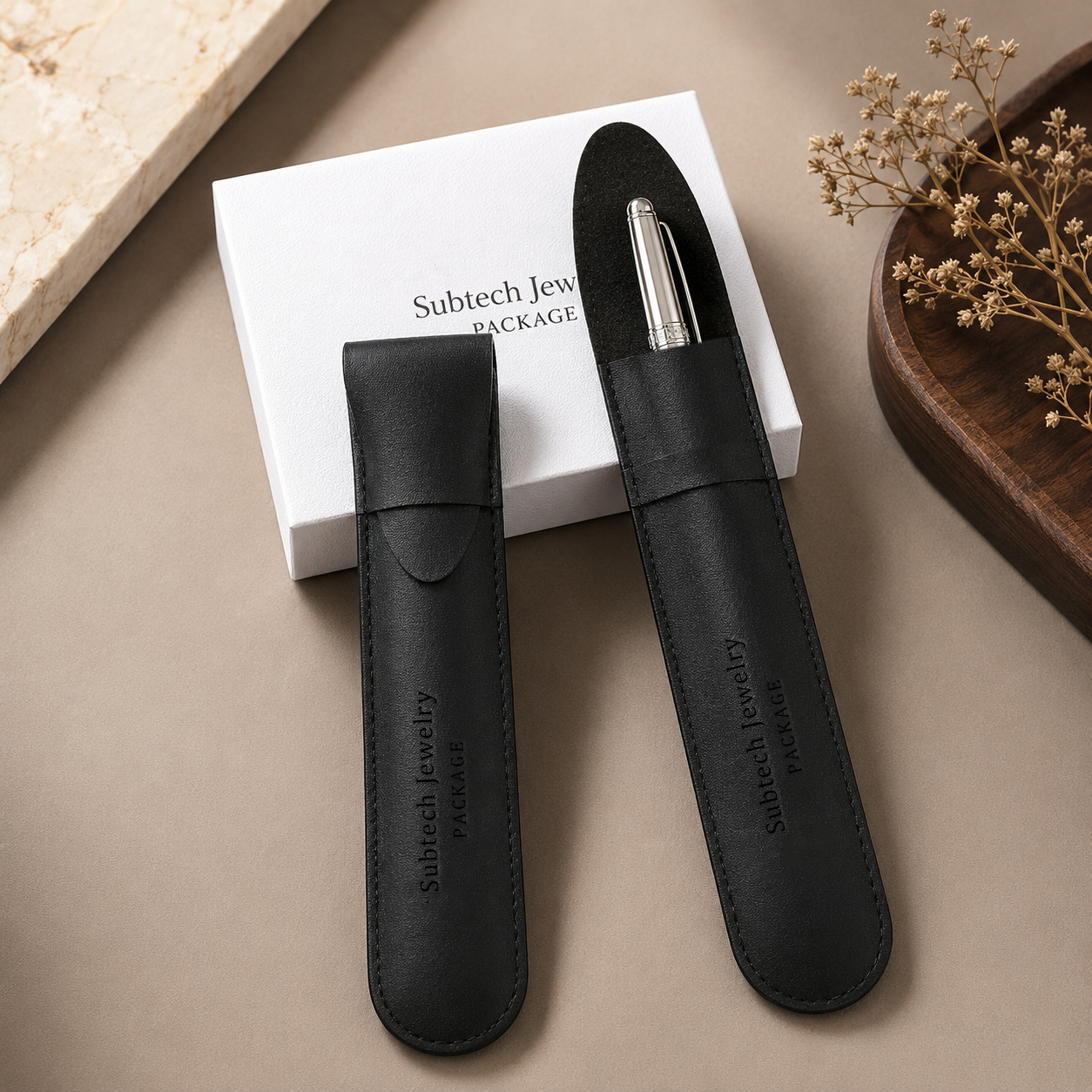 Custom PU Leather Pen Holder with Embossed Logo, Makeup Brush Cover